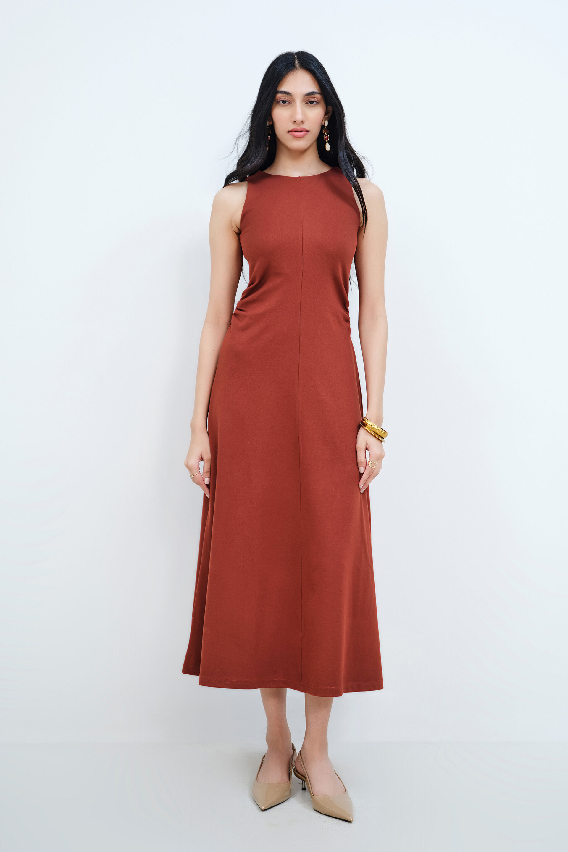 Brick Red Sleeveless Dress, Rust, image 3
